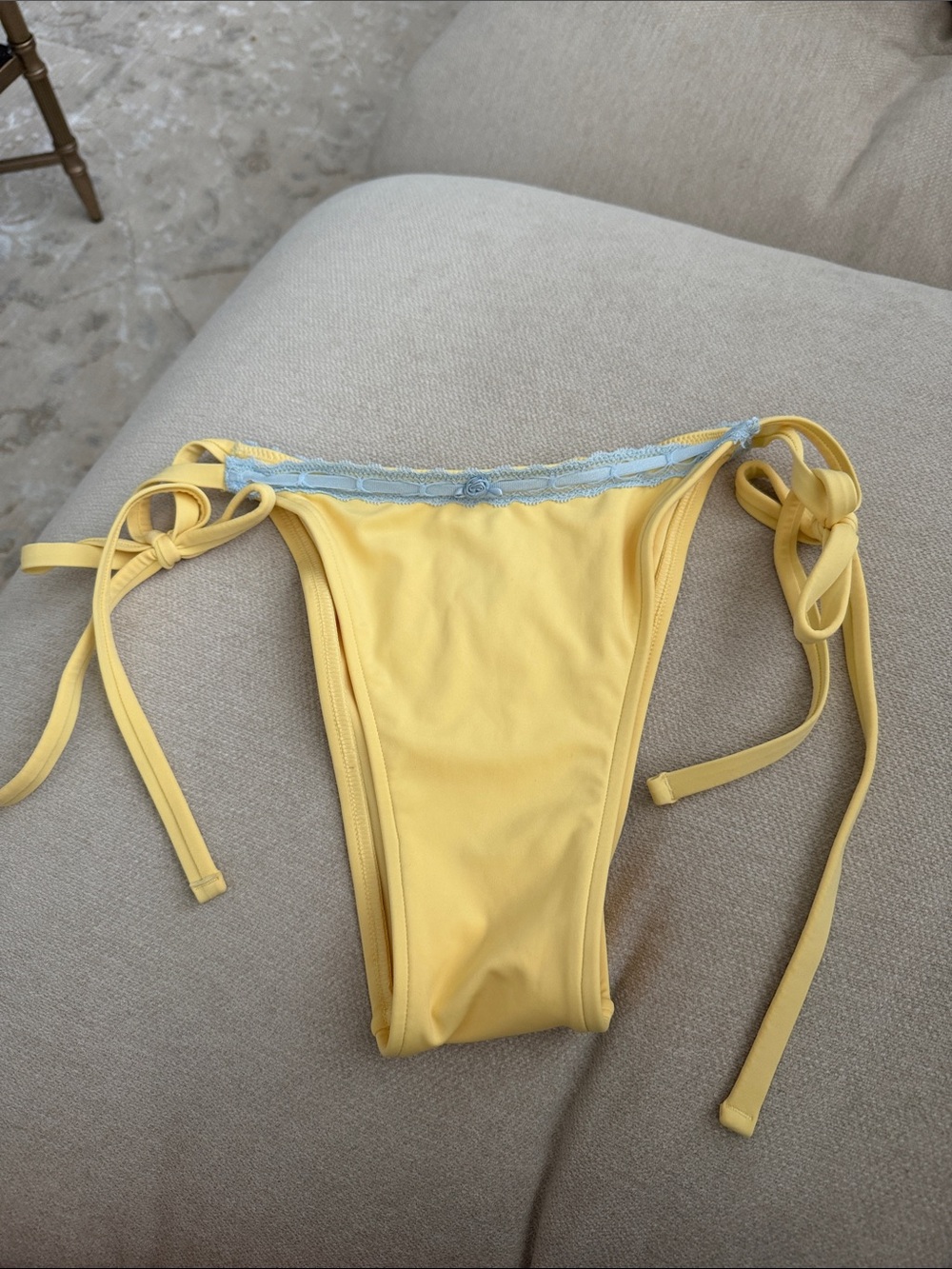 Yellow Tie-Side Bikini Bottom with Light Blue Trim